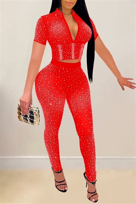 Wholesale Blue Sexy Patchwork Hot Drilling See Through Zipper Collar Short Sleeve Two Pieces