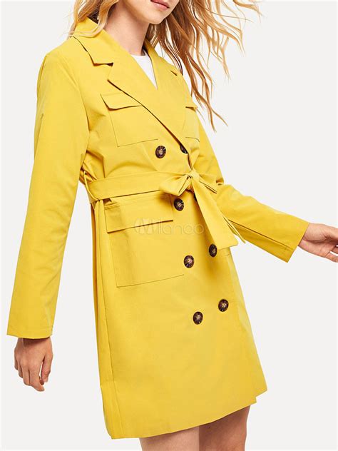 Yellow Trench Coat Oversized Turndown Collar Long Sleeves Buttons Winter Coat