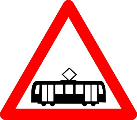 Tramway crossing sign. Warning sign crossing with tram tracks. Red ...