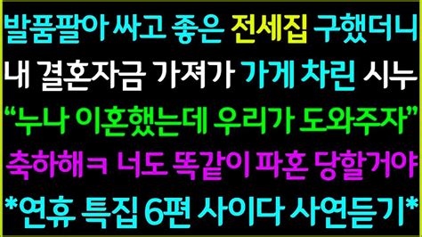 사이다사연 1 내 결혼자금으로 가게 차린 시누2 보증 서달라고 연락온 전남편3 막내아들 사업자금 달란 엄마4 생활비 안줬다고 망치들고 찾아온시부5 내딸 떄린 시조카6 돈