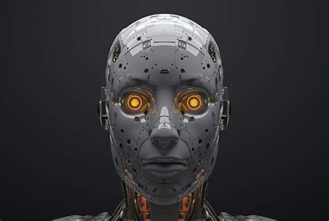 Premium Photo Futuristic Robot Head With Glowing Eyes