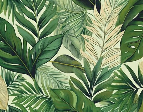 Seamless Pattern Of Tropical Leaves In Various Shades Of Green Stock