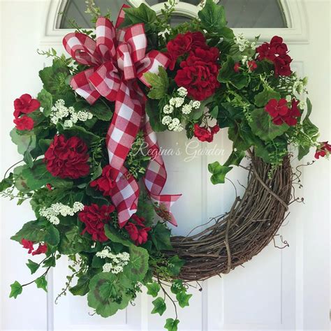 Summer Wreath For Door Red Geranium Wreath Americana Etsy Summer