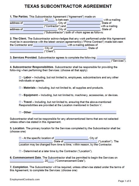 Texas Subcontractor Agreement Template Pdf Word