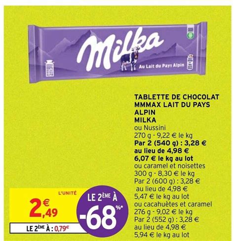 Promo Tablette De Chocolat Mmmax Lait Du Pays Alpin Milka Chez