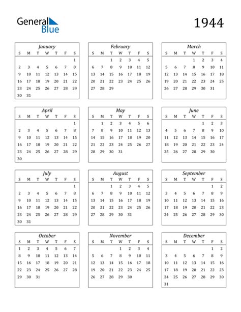 1944 Calendar Pdf Word Excel