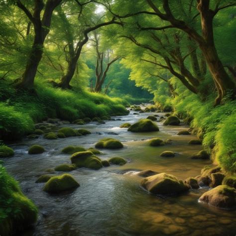 A River Running Through A Lush Green Premium Ai Generated Image