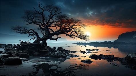 Premium Photo Fantasy Landscape With Tree And Full Moon D Illustration