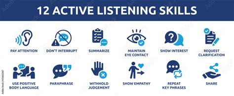 12 Active Listening Skills Icon Set. Containing pay attention, eye ...