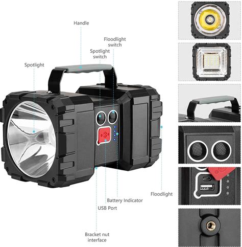 D2 led usb recarregável lanterna dupla cabeça searchlight handheld