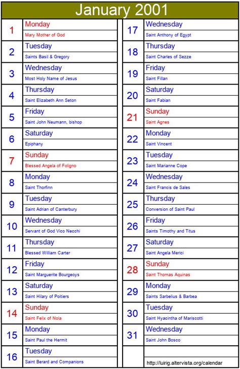 January 2001 Roman Catholic Saints Calendar