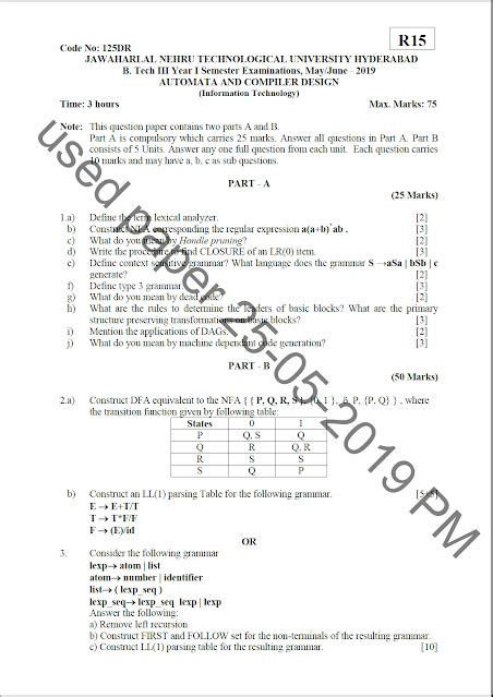 JNTUH B Tech Automata And Compiler Design May June 2019 Question