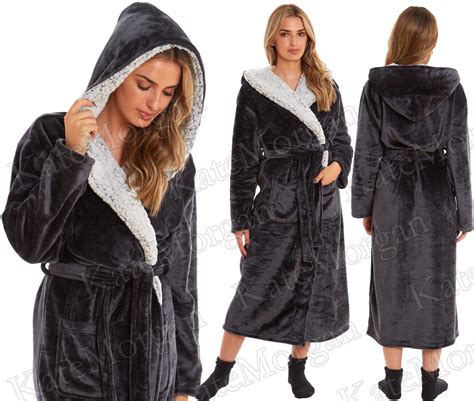 Ladies Dressing Gown Long Length Luxury Shimmer Fleece Hooded Gown New