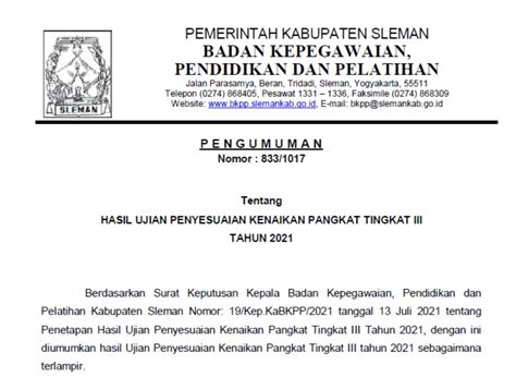 Hasil Ujian Penyesuaian Kenaikan Pangkat Tingkat Iii Tahun Badan