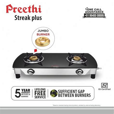 Preethi Bluflame Streak Plus Glass Top 2 Burner Gas Stove With Jumbo