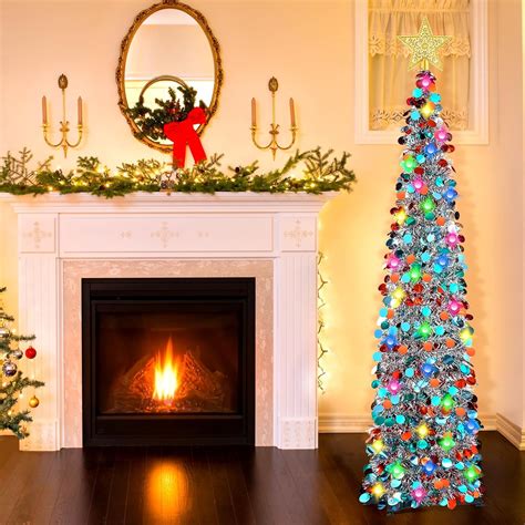 5Ft Glittering Pop Up Tinsel Christmas Tree with LED Lights, Sequins ...