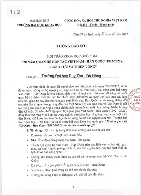 Thư Mời Viết Bài Tham Dự Hội Thảo Khoa Học Quốc Gia 30 Năm Quan Hệ