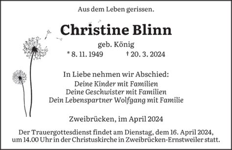 Traueranzeigen Von Christine Blinn Saarbruecker Zeitung Trauer De