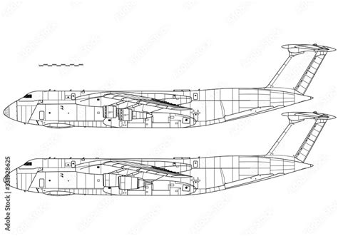 Lockheed C-5 Galaxy, C-5M Super Galaxy. Vector drawing of military transport aircraft. Side view ...