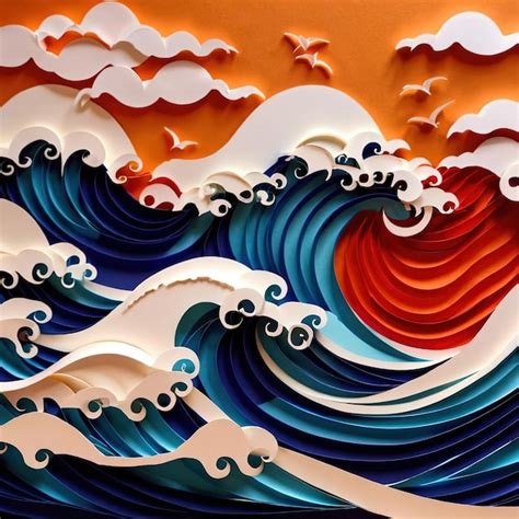 Premium Photo | Ocean waves made of paper traditional papercut paper ...