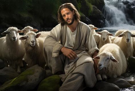 Jesus Christ Is A Shepherd Peaceful In A Meadow With A Flock Of Sheep