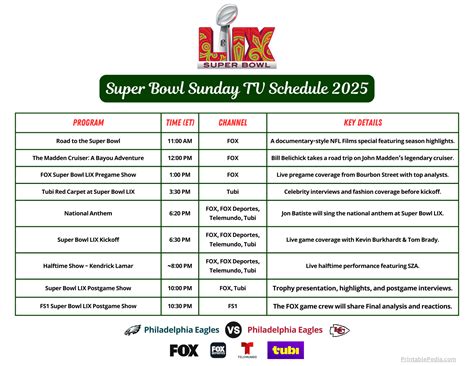 Printable Super Bowl Sunday Schedule Start Time Tv Channel