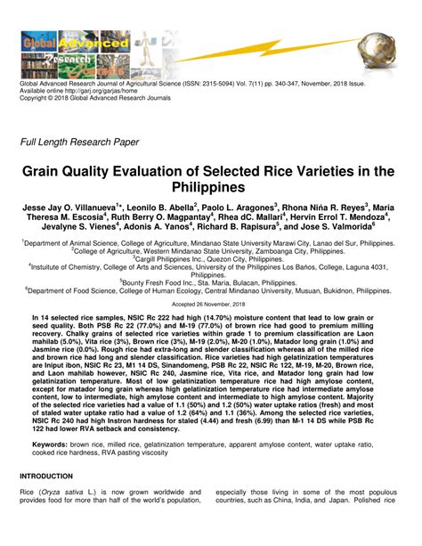 PDF Grain Quality Evaluation Of Selected Rice Varieties In The