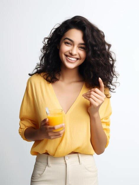 Cheerful Young Indian Woman Holding Glass Of Fresh Orange Or Mango