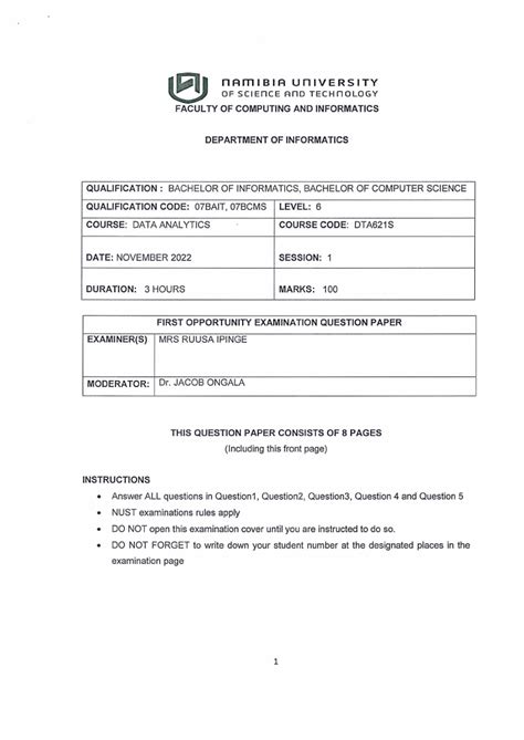 Dta S Data Analytics St Opp Nov Nust Past Examination