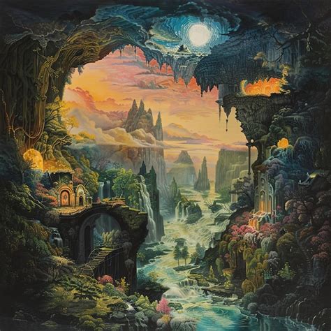 Premium Photo A Painting Of A Cave With A Waterfall And A House In