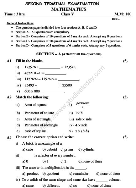 Cbse Class 5 Mathematics Sample Paper Set M