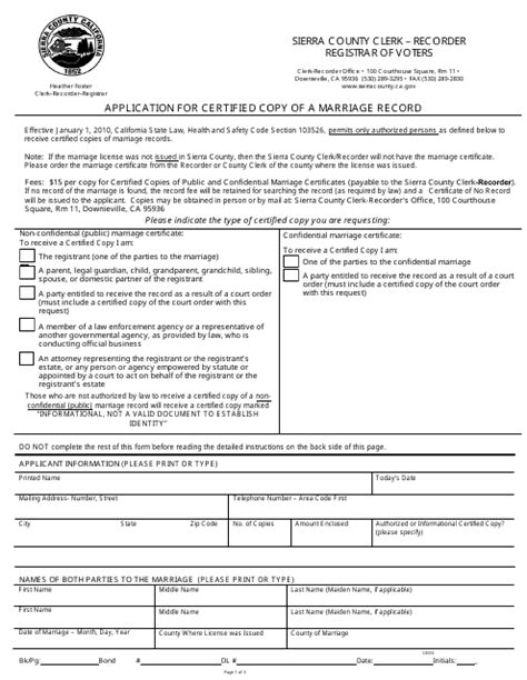 Sierra County California Application For Certified Copy Of A Marriage Record Fill Out Sign