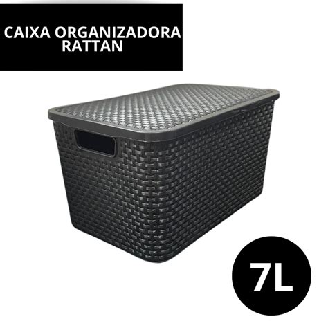 Caixa Cesto Organizadora Rattan Preta L Litros Tampa Empilh Vel