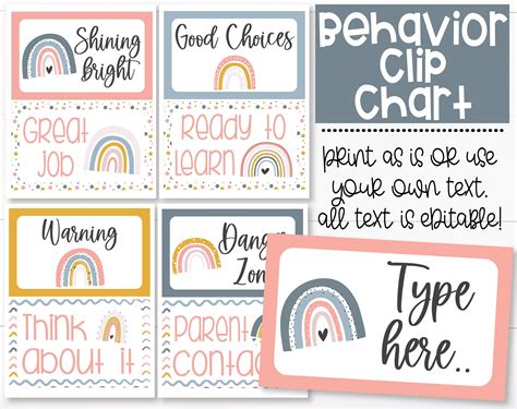 Boho Rainbow Theme Classroom Editable Behavior Clip Chart Printable