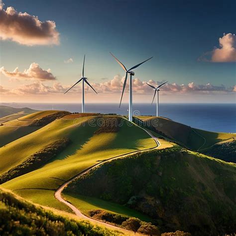 Wind Turbines On Green Hills Scenery Renewable Eco Friendly Wind