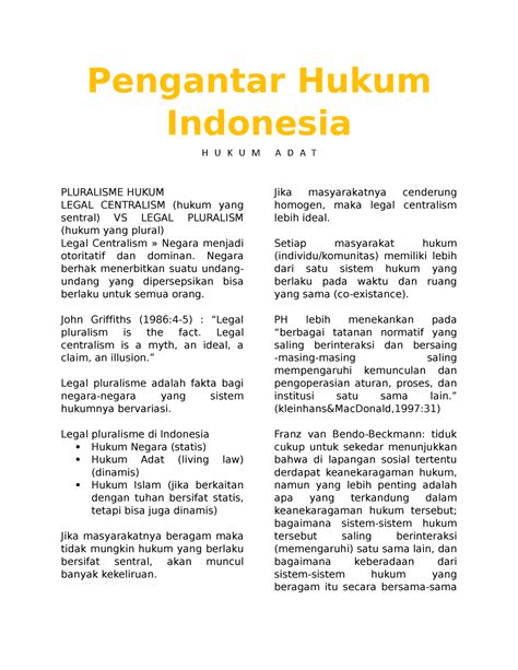 Phi Hukum Adat Pengantar Hukum Indonesia H U K U M A D A T Pluralisme