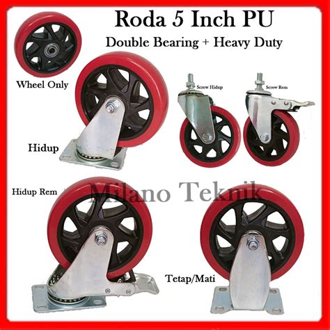 Jual Roda PU Merah 5 Inch TAIWAN Tetap Hidup Rem Screw Double