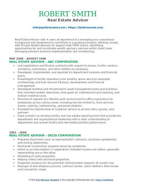 Real Estate Advisor Resume Samples Qwikresume