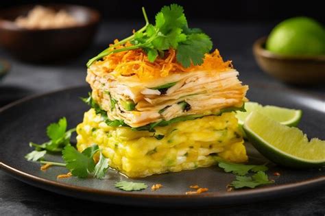 Premium Photo Causa Rellena De Pollo Layered Potato Cake With Chicken