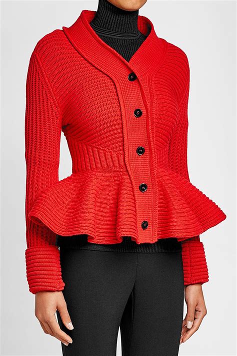 Lyst Alexander Mcqueen Wool Peplum Cardigan In Red