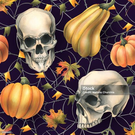 Human Skull With Orange Pumpkins Cobwebs Garlands Of Flags And Autumn Leaves Hand Drawn