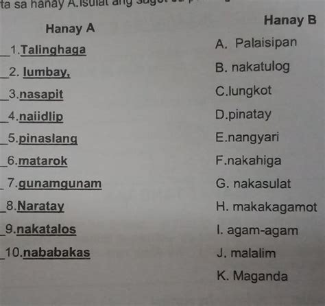 Gawain Paglinang Ng Talasalitaan Panuto Pilin Sa Hanay B Ang Angkop