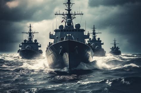 Navios de guerra navais modernos em mar aberto envolvidos em exercícios