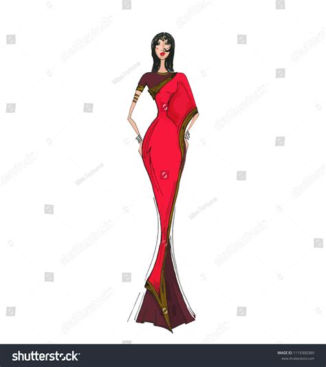 Vector Fashion Illustration Indian Girl Red Stock Vector Royalty Free