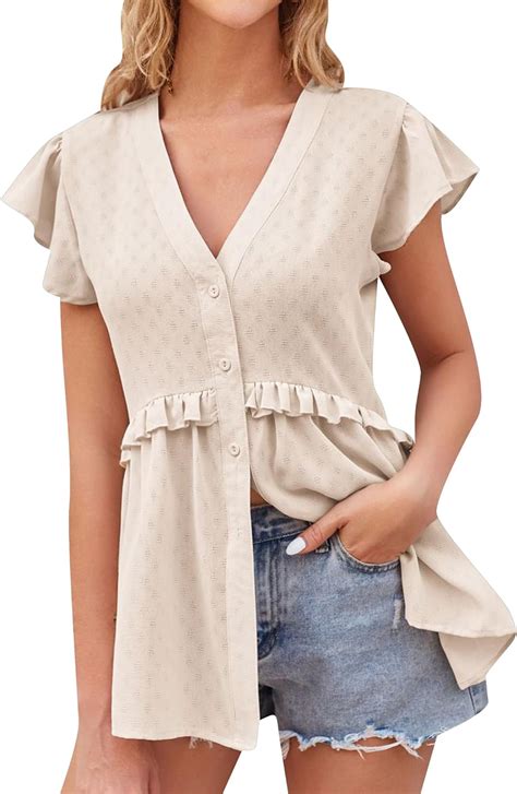 Omzin Womens Pure Color V Neck Blouse Jacquard Tie Waist Shirts Ruffle Sleeve Summer Tops At