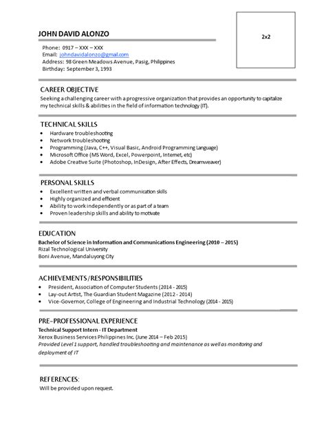 Resume Fresh Graduate Without Work Experience Templates At