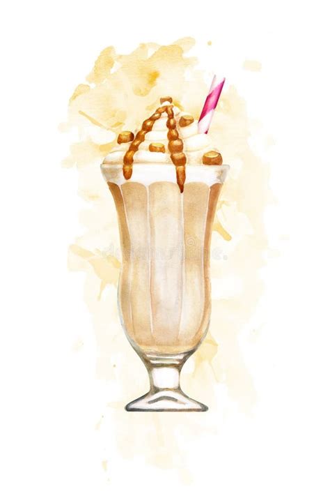 Watercolour Caramel Milkshake Hand Drawn Illustration On Pink Paint