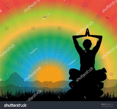 Man Silhouette Meditating Surreal Landscape Stock Vector Royalty Free