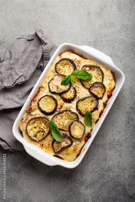 Greek Mediterranean Dish Moussaka With Baked Eggplants Ground Beef In