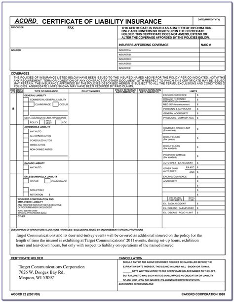 Acord Certificate Of Liability Insurance Template Top Regarding Acord